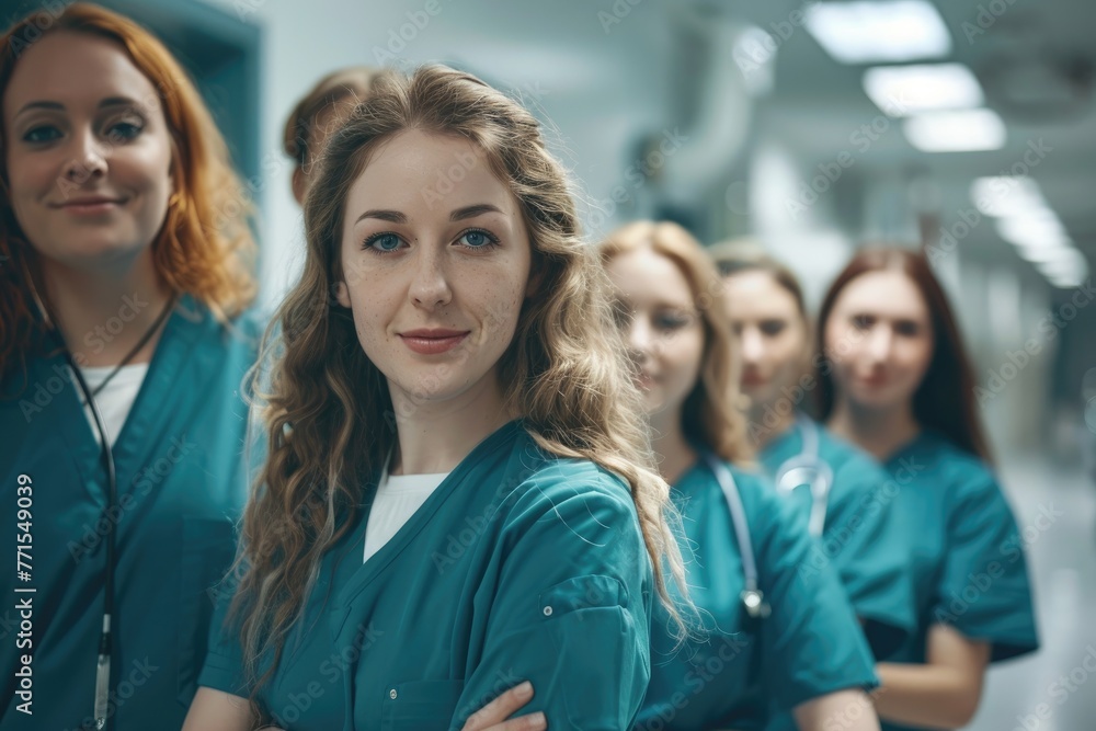 A group of confident healthcare professionals, nurses in teal scrubs, smiling in a bright hospital corridor.