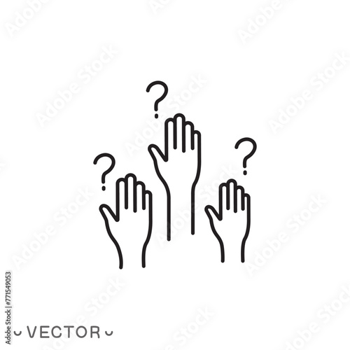 session question mark icon, public decision, answer hand up, community info, vote information, thin line symbol isolated on white background, editable stroke eps 10 vector illustration