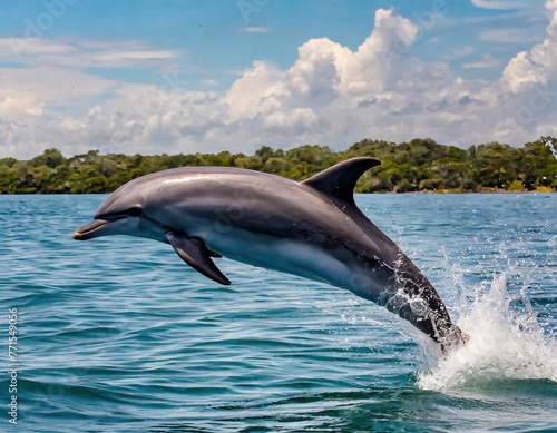 beautiful bottlenose dolphin porpoise - Tursiops truncates - jumping in water with shore line and blue sky with clouds background Florida United States aquatic mammal photo