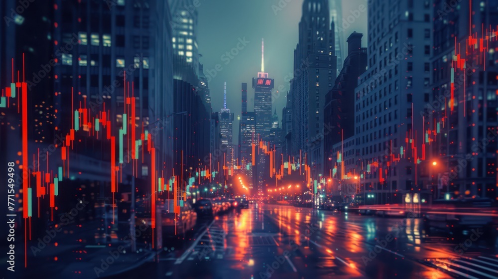 Fototapeta premium Financial stock market graph on city background