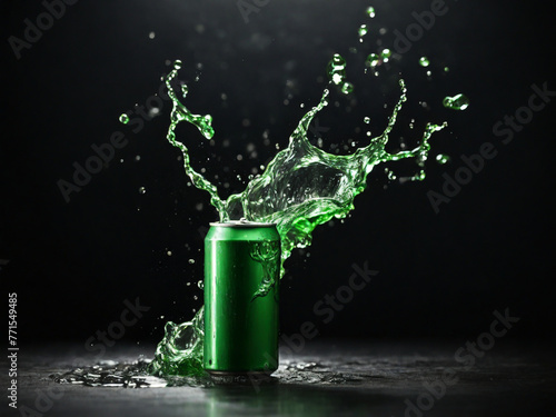 Green soda can with water splash on black background  photo