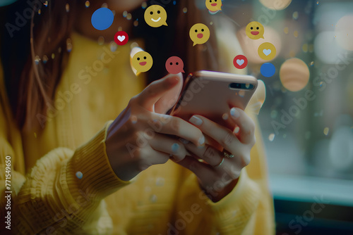 Close up of woman hands using smart phone with emojis flying off screen for social media concept