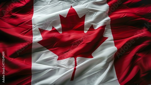 A flag of Canada blowing in the wind. The flag has a red background with a white square in the center. photo