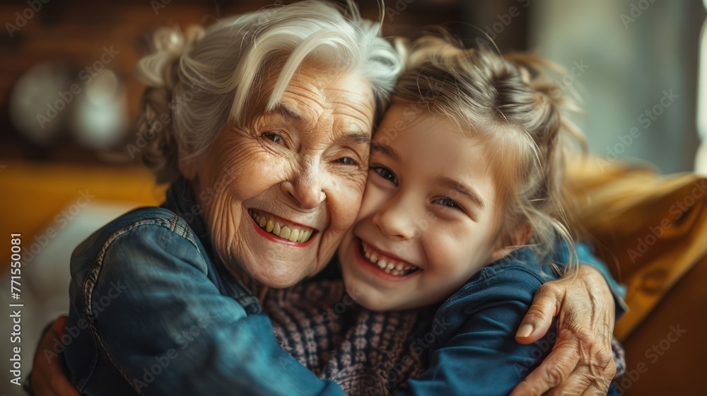 Young girl cuddling with grandma on sofa at home Young girl cuddling with grandma on sofa at home