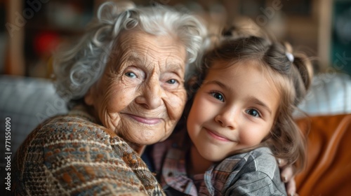 Young girl cuddling with grandma on sofa at home