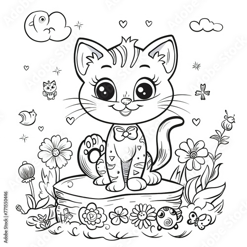 coloring page cat with a heart