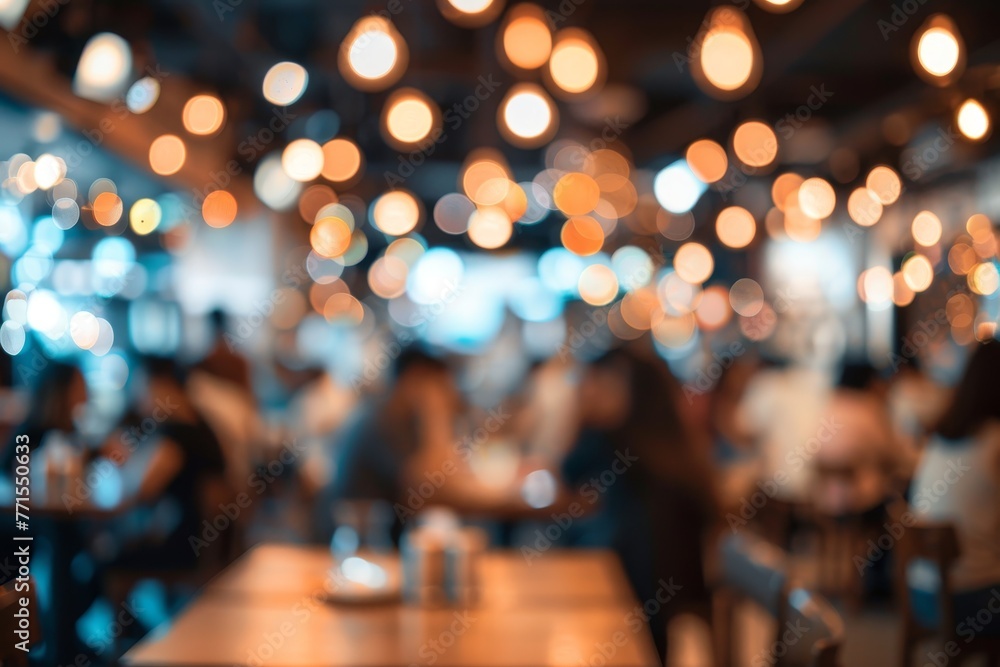 A blurry image of a crowded restaurant with people sitting at tables