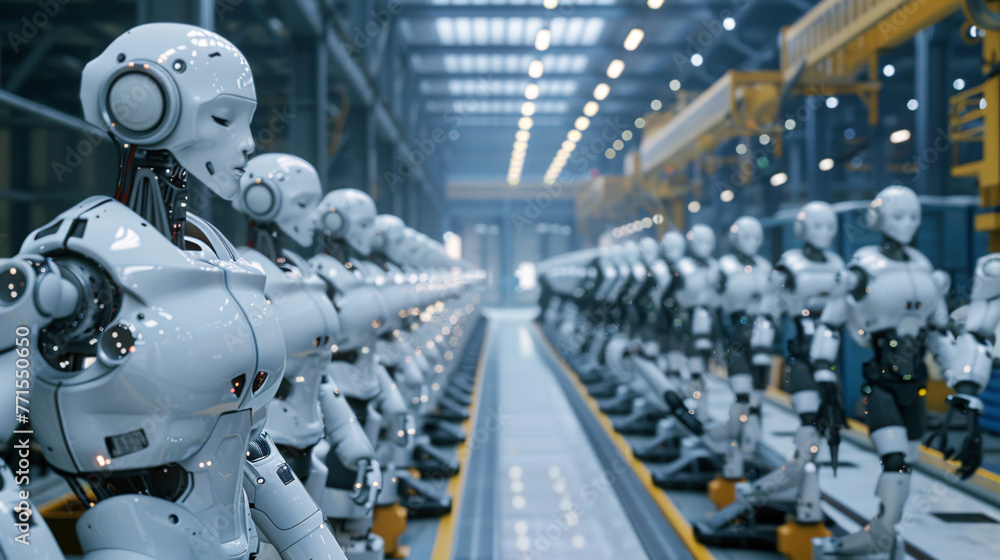 Future of manufacturing. Deserted factory floors with autonomous robots. Job displacement by AI. Impact of sovereign AI. Robots work in abandoned factories, signaling a shift in the future workforce.