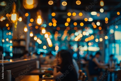 A blurry image of a restaurant with people eating and drinking
