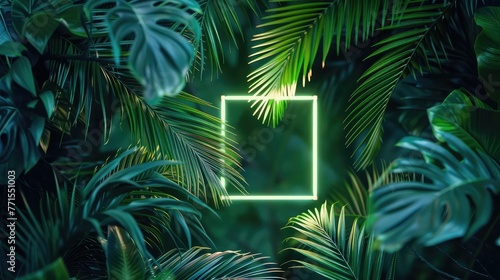 leaves coconut palm Green tropical with a square neon light in the center on black background  Natural leaves background