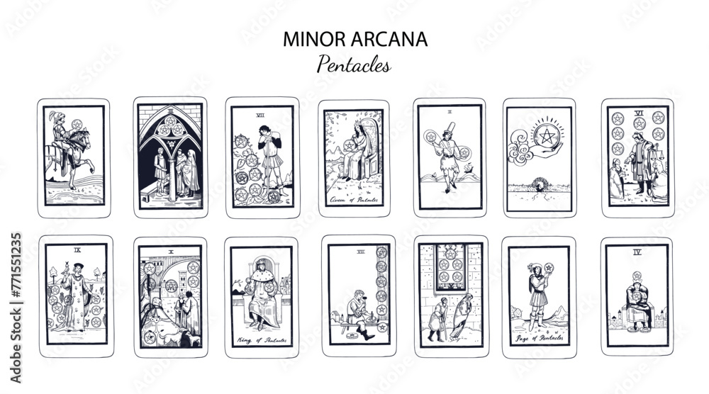 Set of Pentacles, in occult tarot cards deck. Minor arcanas designs set with Ace, Knight, King, Queen, Page of Pentacles signs and symbols in modern style. Isolated han drawn  vector illustrations
 - obrazy, fototapety, plakaty 
