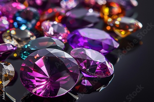 Jewel on black shine color, Collection of many different natural gemstones amethyst, lapis lazuli, rose quartz, citrine, ruby, amazonite, moonstone, labradorite, chalcedony, blue topaz 