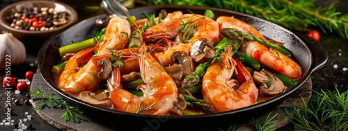 sauteed shrimp served with asparagus beans and mushrooms. Creative Banner. Copyspace image