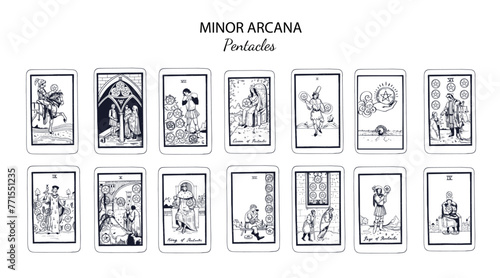 Set of Pentacles, in occult tarot cards deck. Minor arcanas designs set with Ace, Knight, King, Queen, Page of Pentacles signs and symbols in modern style. Isolated han drawn  vector illustrations
