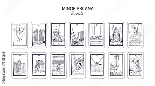 Set of Swords  in occult tarot cards deck. Minor arcanas designs set with Ace, Knight, King, Queen, Page of Swords signs and symbols in modern style. Isolated sketch engraved vector illustrations