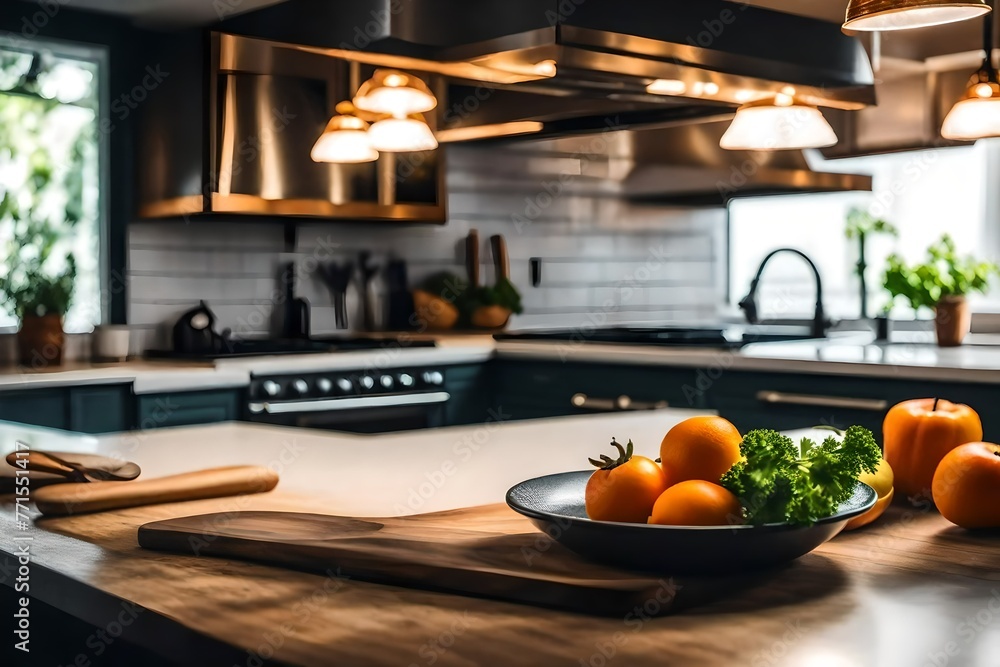 Kitchen background blur and free-space table background. Stock Photo ...
