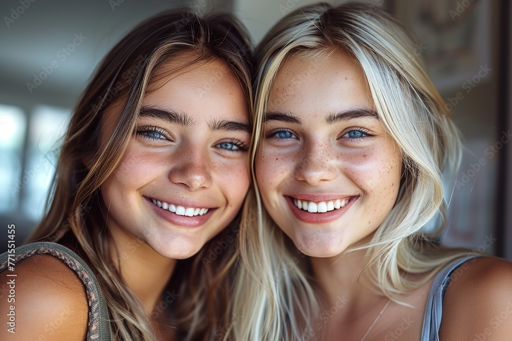 Two best friends smiling happily. Two best friends smiling happily.