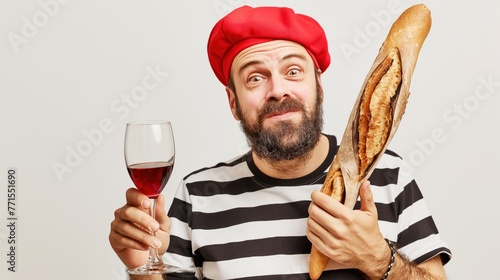 Humorous portrait of a man in stereotypical French attire with wine and baguette. photo