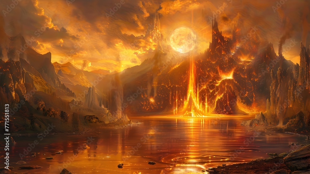 Majestic Lakeside Inferno Mesmerizing Celestial Landscape of Eternal Flames