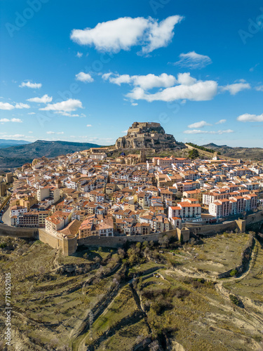 Aerial view of medieval and historic city, Morella. Ancient walled city located on a hill-top in the province of Castellón, Valencian Community, Spain. Famous travel destination.