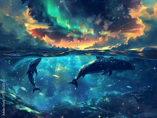 Zodiac Creatures Swimming in a Cosmic Ocean Under the Aurora Lit Sky
