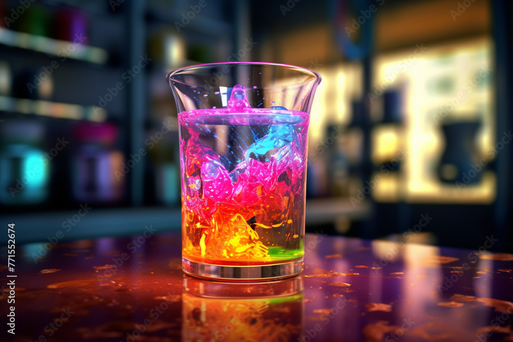 Science concept. Neon colored glowing colorful liquid in transparent glass jar placed on table