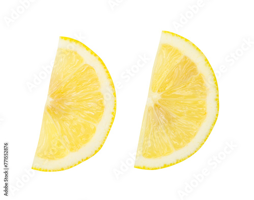 Top view set of yellow lemon slices or quarters isolated on white background with clipping path