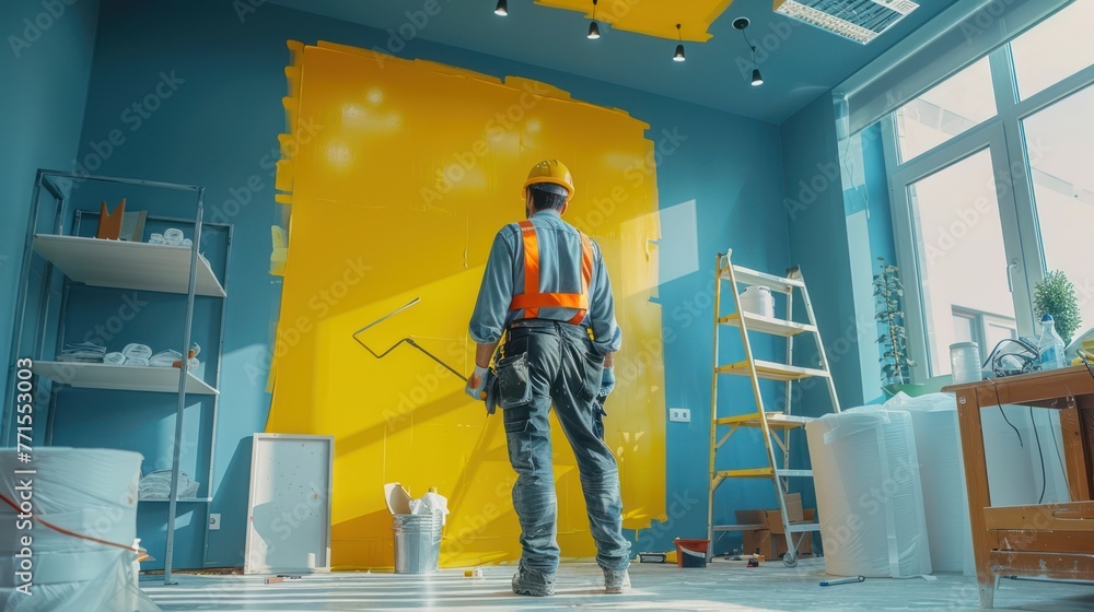 Professional painter paints office walls with a roller brush.