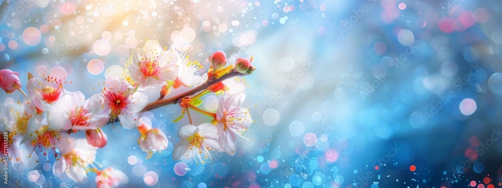 Spring background with blooming cherry tree branch over blue sky. Copy space Spring background with blooming cherry tree branch over blue sky. Copy space