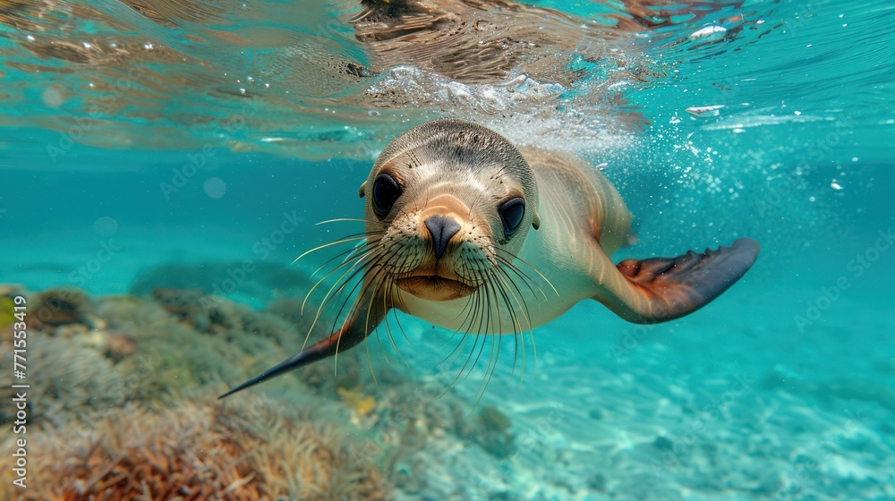 Fototapeta premium Sea lion swimming underwater in the lake