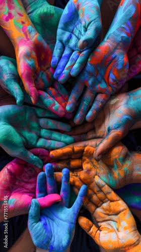 A colorful and abstract portrayal of hands expressing connection and diversity super realistic