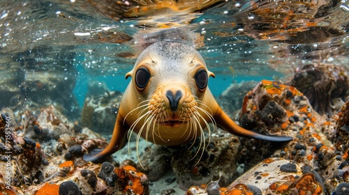 Sea lion swimming underwater in the lake photo