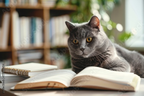 A grey cat is laying on top of an open book