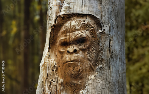 Tree Carving of Bigfoot or Sasquatch Face photo