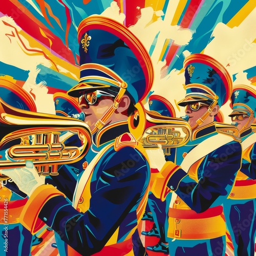 A colorful illustration of a marching band in full uniform photo