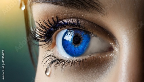 close up of a female eye, wallpaper Sad woman concept - closed eyelid closeup with a teardrop on eyelashes. A tear on eyelashes macro close-up. A tear runs down his cheek. Tinted blue photo