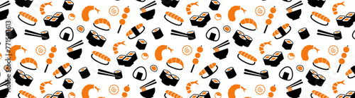 japanese food pattern, sushi sashimi ramen cute icon seamless pattern, repeat wallpaper background
