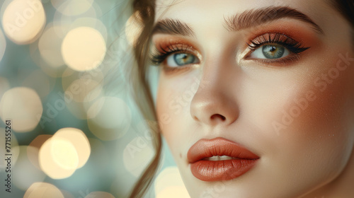 Close-up of woman s face with makeup  bokeh lights background