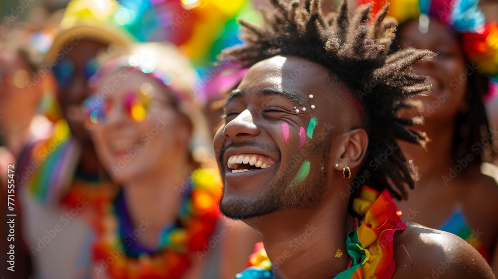 Radiant man with face paint enjoying pride festival, colorful crowd