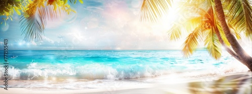  Sunny tropical Caribbean beach with palm trees and turquoise water, island vacation, hot summer day
