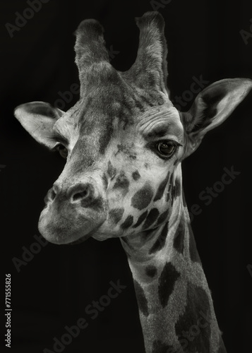 Black and white portrait of a giraffe close-up on an isolated black background