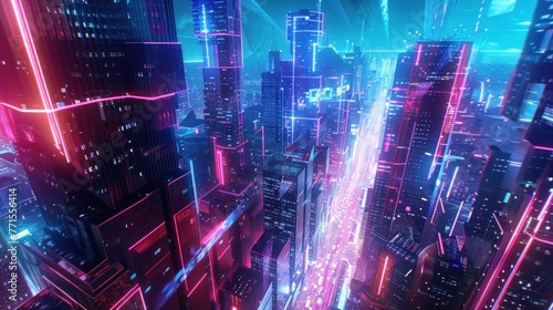 Future city with high-tech multicolored neon light trails, cyberpunk style, AI generated image.