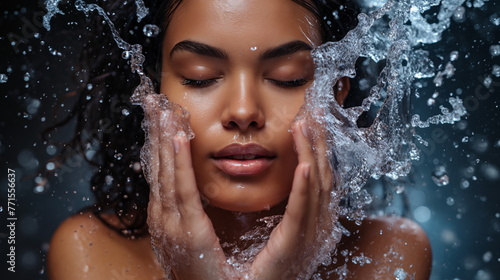 Beautiful model woman with splashes of water in her hands  natural cosmetic  skin care. Beauty portrait