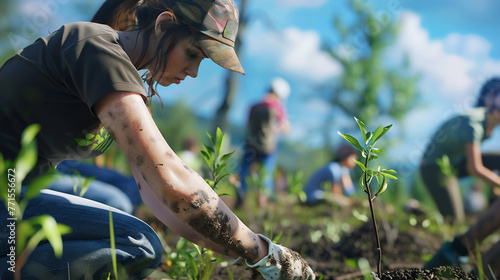 Young woman volunteer planting trees