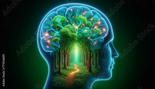 Vibrant concept art of a human profile with a glowing forest for a brain, depicting the mind's lush and thriving ideas and thoughts