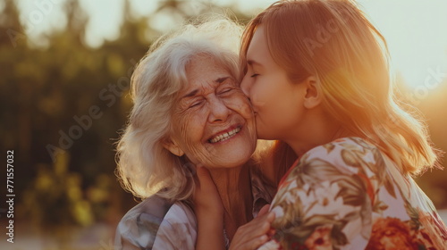 elderly woman and a younger woman sharing a loving hug and laughter in a park during the golden hour