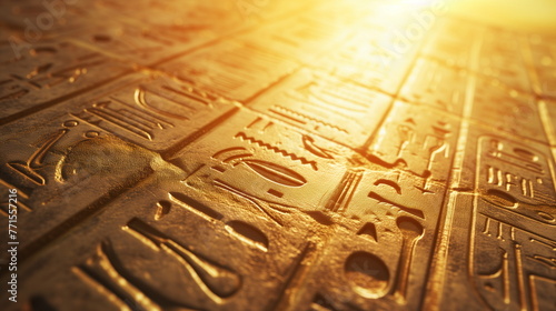 Close-up of carved hieroglyphs on a stone surface illuminated by the warm glow of evening sunlight