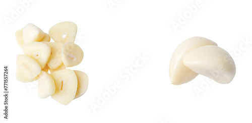 Top view set of garlic cloves and slices in stack isolated with clipping path in png file format