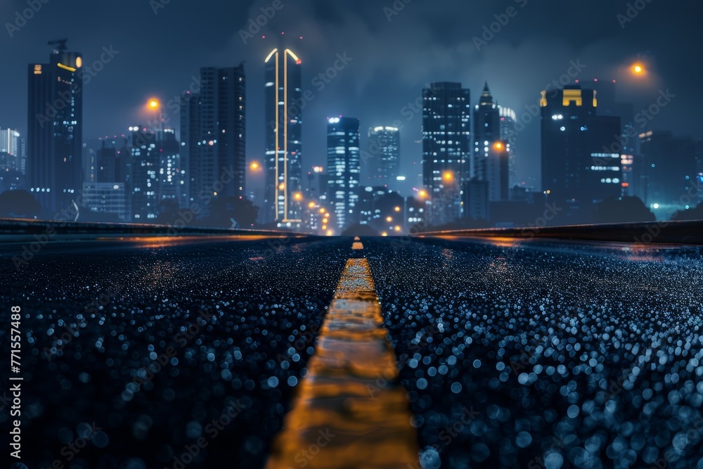 A city street at night with a yellow line on the road