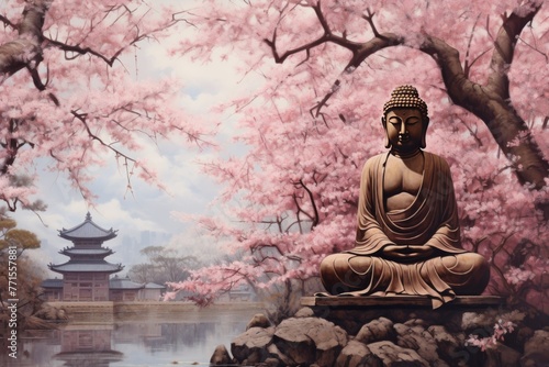 stone buddha against the background of cherry blossoms